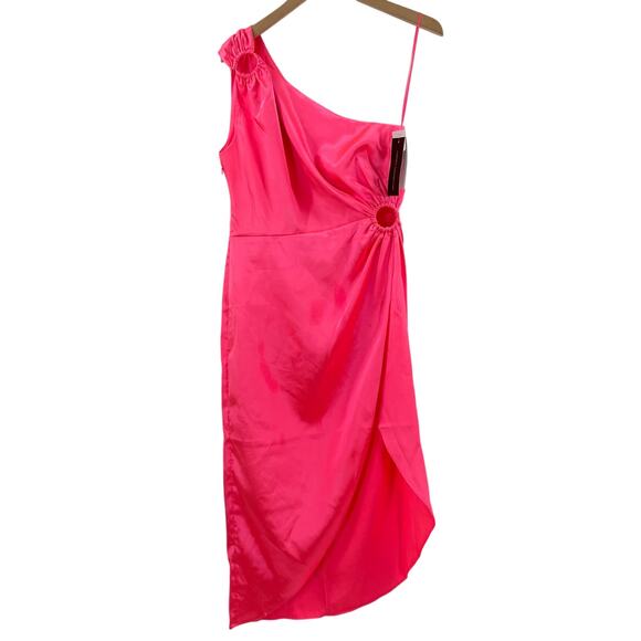 FRENCH CONNECTION Dress Size 6 Adaline Satin One Shoulder Midi Neon Pink NWT - Picture 2 of 16